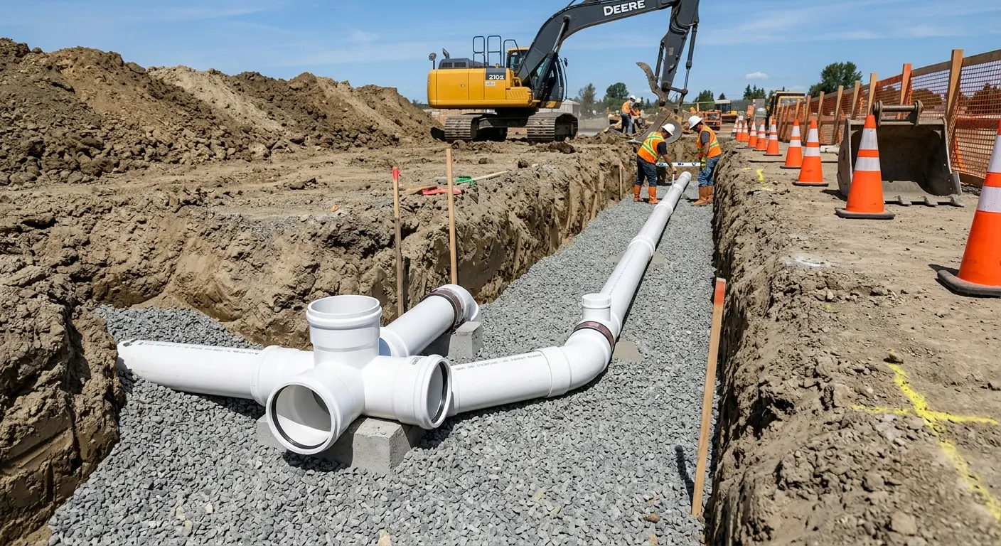 New PVC sewer pipe installation in open trench for Commercial Drain Cleaning in Orlovista