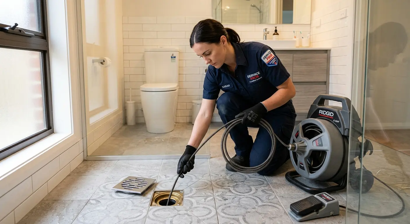 Technician clearing a bathroom floor drain for Hydro Jetting in Orlovista